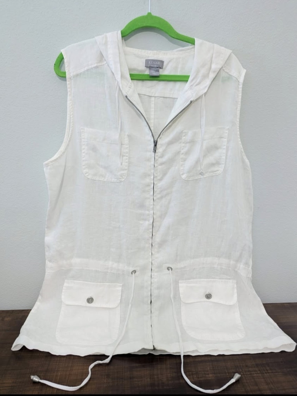 Kenar White Sleeveless Linen Zip Hooded Vest